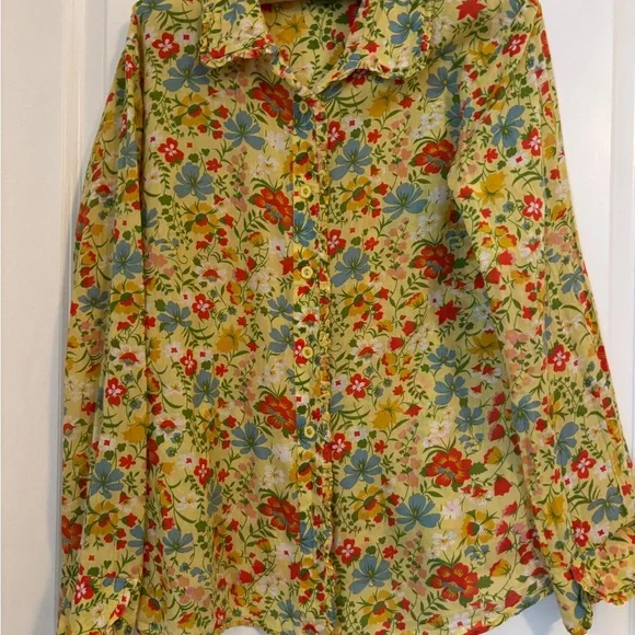 Persaman New York Floral Yellow Cotton Button Up Blouse w/ Floral Pattern. Sz L - Picture 7 of 8